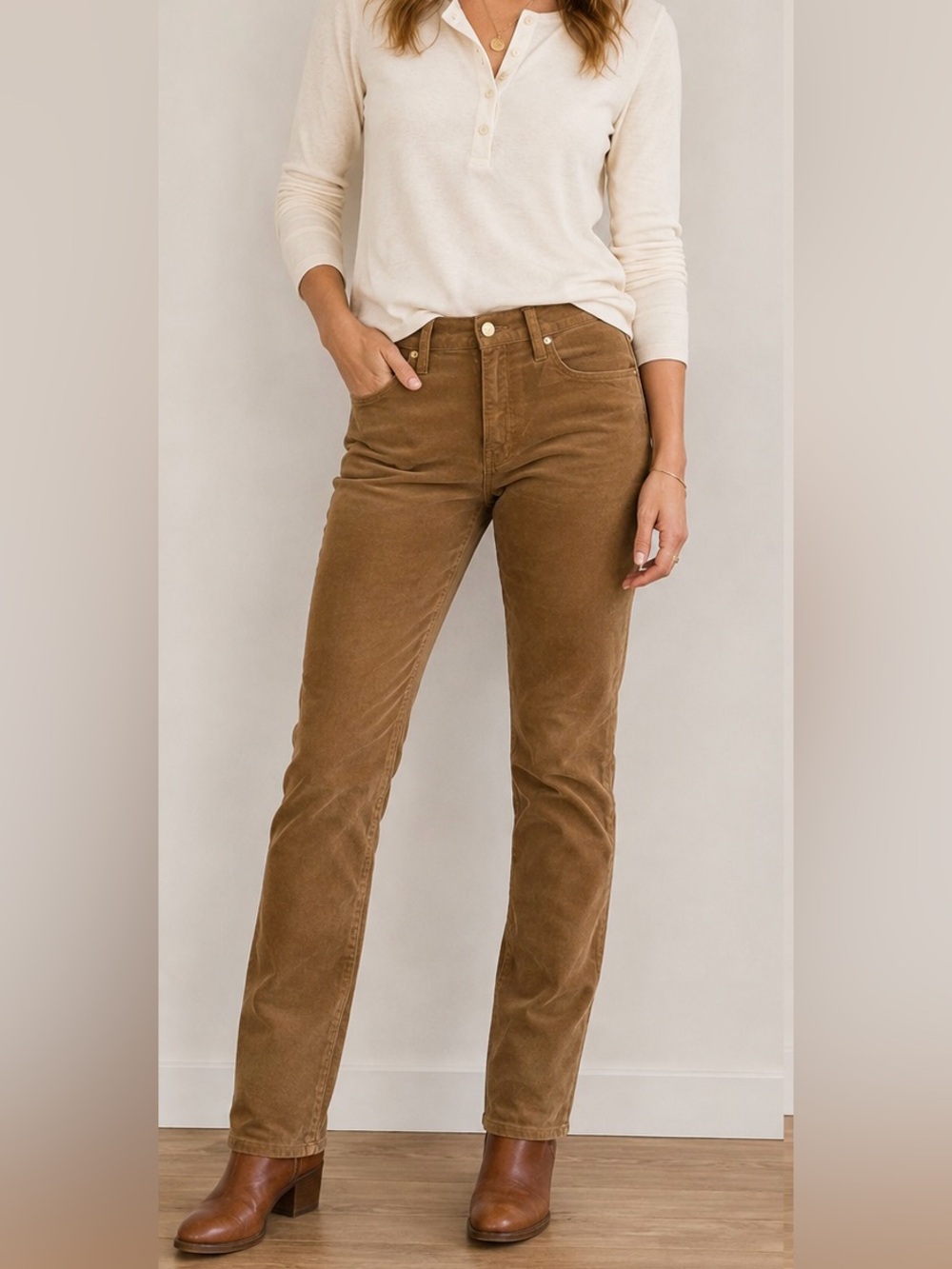 J. Crew Slim Straight Corduroy Pants Size 31 Tan High Rise Stretch Preppy Casual